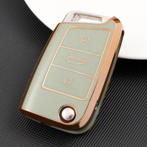 Husa Cheie Briceag Compatibila cu Golf MK7, Superb, Octavia, Tpu, VERDE cu Contur Auriu