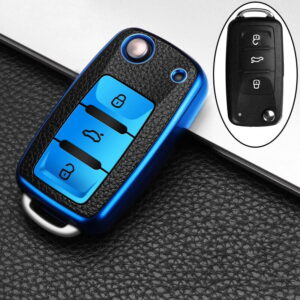 Husa Cheie Briceag Compatibila cu Golf MK6, 3 Butoane, Tpu, Aspect Piele, Albastru